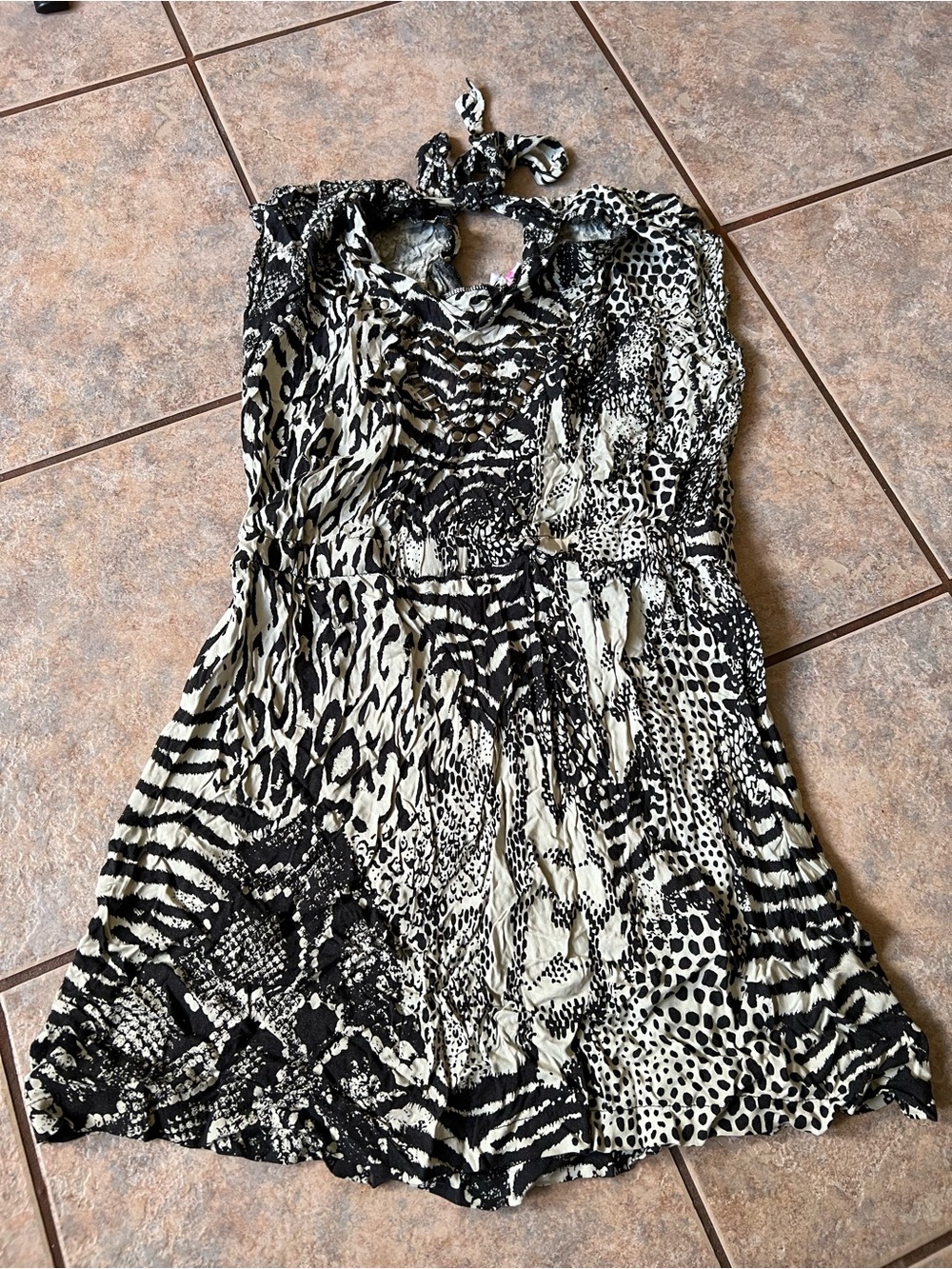 Y2K 2000 Girls Black & White Animal Print Halter Dress
